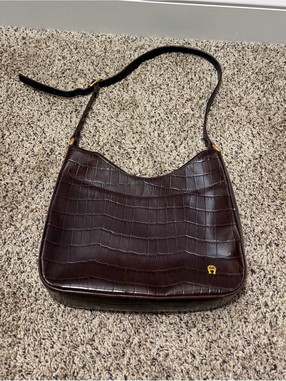 Etienne Aigner Brown Croc Embossed Genuine Leather Shoulder Bag Gold Hardware